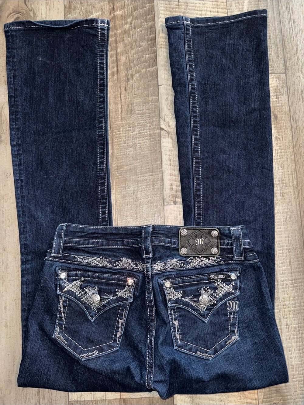 Miss Me Dark Blue Embroidered Rhinestone Bootcut Jeans-size 28